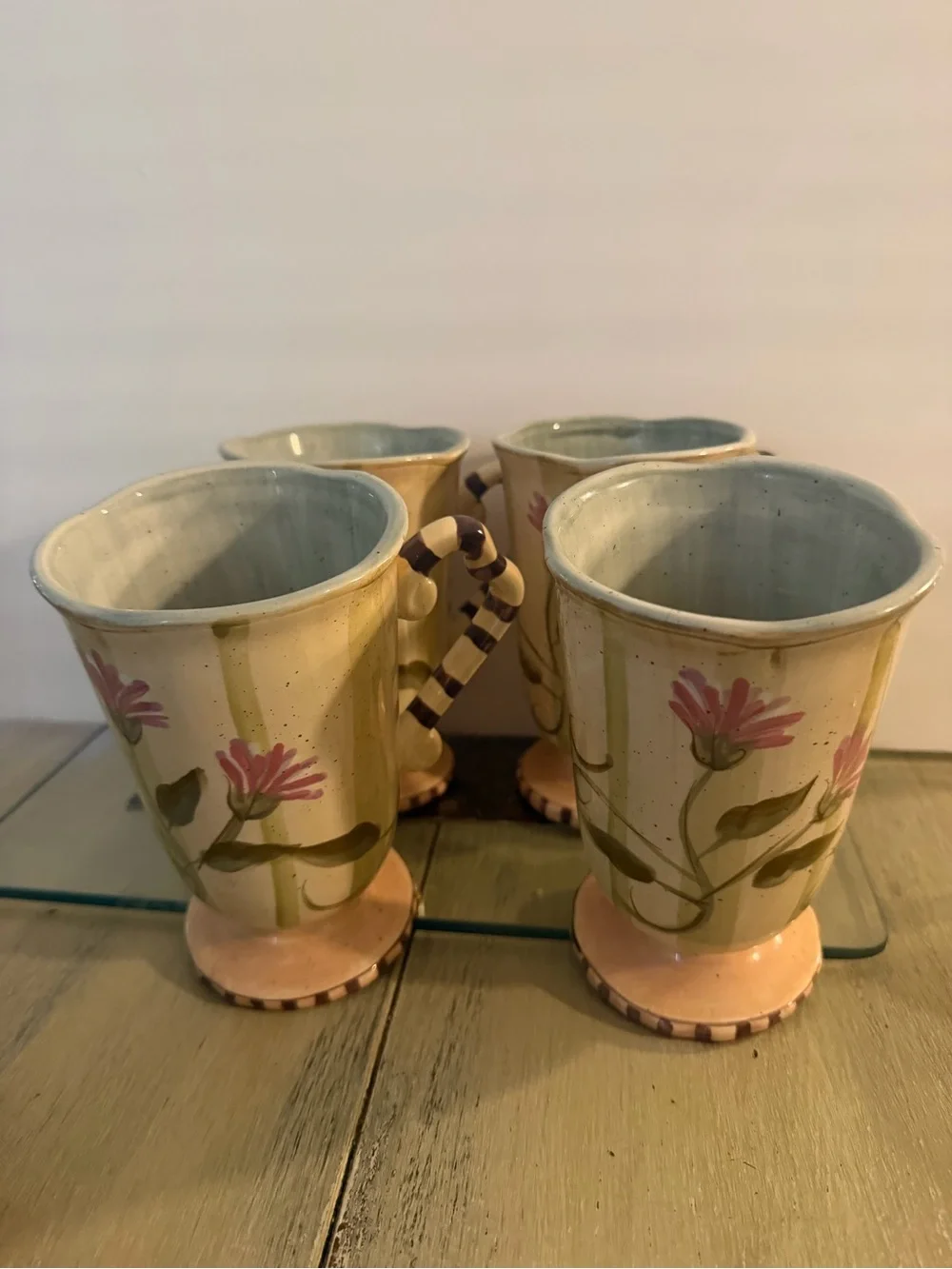 Hand-Painted Floral Ceramic Coffee Mugs in Pale Yellow (Set of 4)